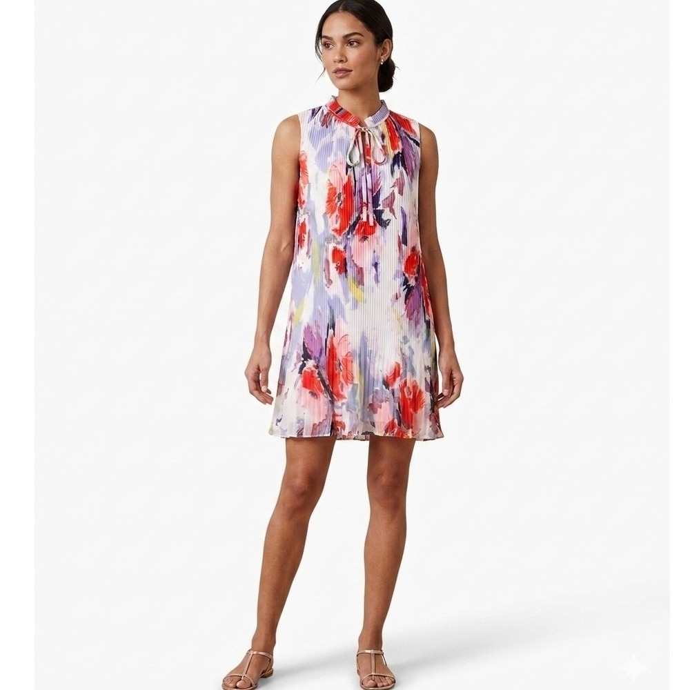 Dkny Accordian Pleated Sleeveless Tie Neck Flowy Chiffon Midi Dress Size‎ 14